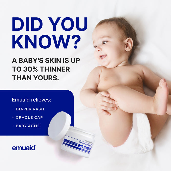 Advertisement for Emuaid baby skin care product with a baby and text about skin thickness and benefits.