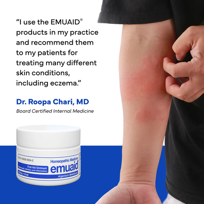 Person with redness on their arm next to an EMUAID product jar, with a quote from Dr. Roopa Chari, MD.