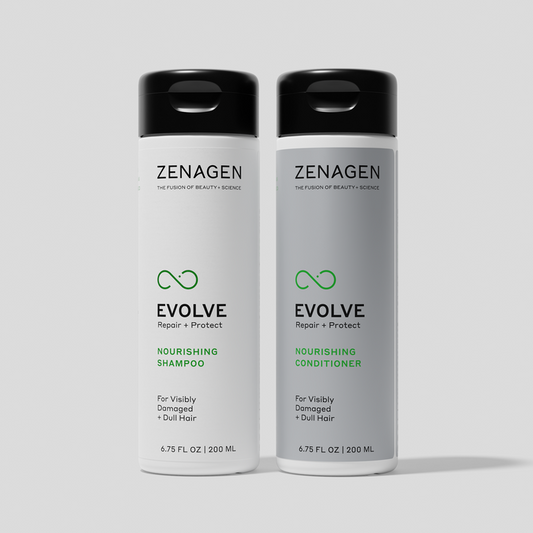 Zenagen Evolve Nourishing Shampoo and Conditioner duo for damaged hair, hydrating hair care system that helps improve softness, shine, manageability, and healthy-looking hair.