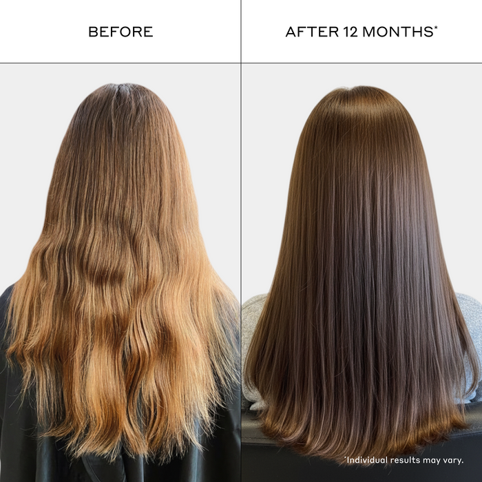 Before and after using Zenagen Evolve shampoo and conditioner showing visibly smoother, shinier, healthier-looking hair with improved appearance and manageability after continued use. Individual results may vary.