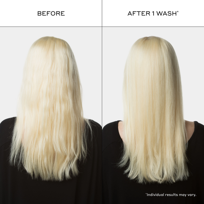 One-wash hair smoothing results showing improved softness, shine, manageability, and reduced appearance of frizz with Zenagen Evolve shampoo and conditioner. Individual results may vary.