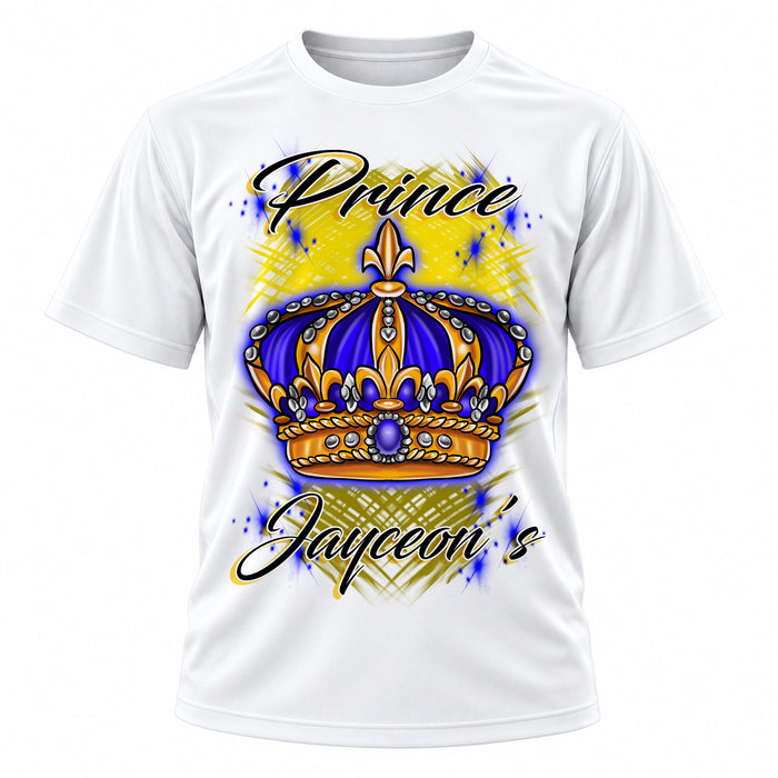 Personalized King Crown T-Shirt, front-view T-shirt mockup featuring custom Air-Volution artwork by Mythic Airbrush