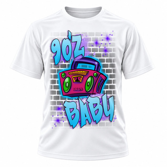 Personalized 90's Boombox T-Shirt, front-view T-shirt mockup featuring custom Air-Volution artwork by Mythic Airbrush