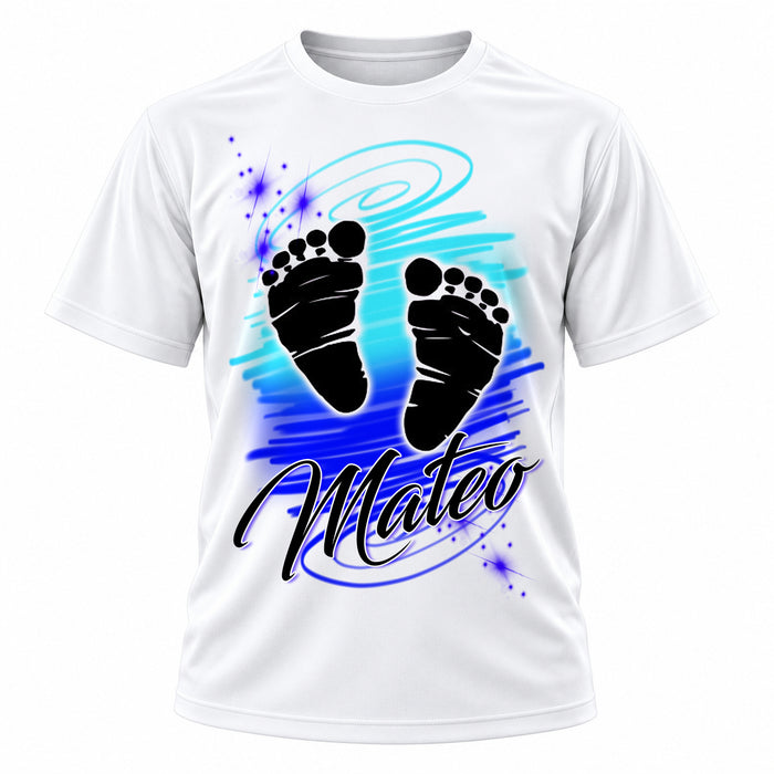 Personalized baby feet T-Shirt, front-view T-shirt mockup featuring custom Air-Volution artwork by Mythic Airbrush