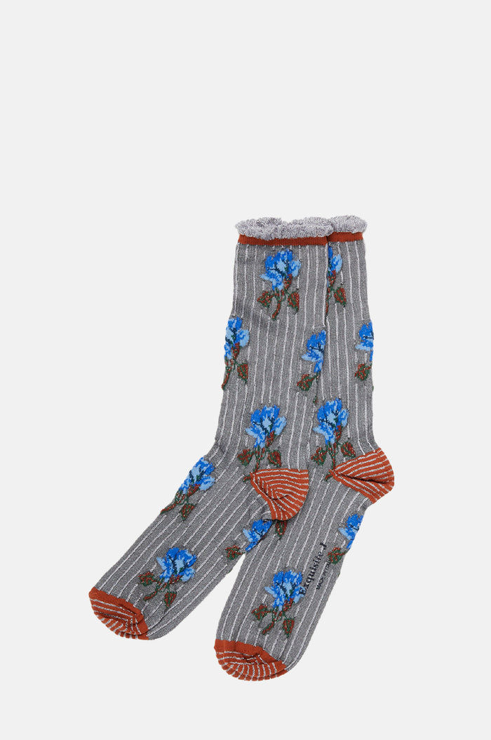 Exquisite J Floral Stripe Socks Grey.