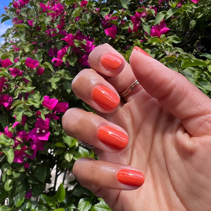 Hand with nails polished in bright Flowerpot shade against vibrant pink flowers for a fresh summer mani