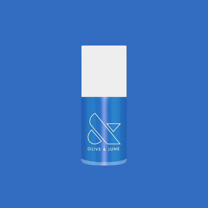 Blue nail polish bottle with white cap and Olive & June logo for Friend or Anemone? quick dry manicure option