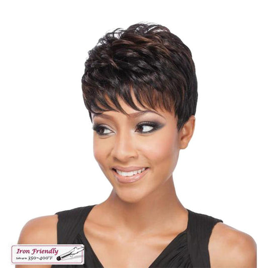 Short dark brown pixie with subtle highlights on smiling model short full cap wig for women versatile daily wear