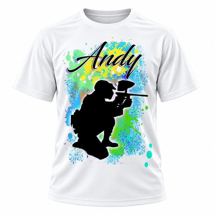 Personalized Paintball T-Shirt, front-view T-shirt mockup featuring custom Air-Volution artwork by Mythic Airbrush