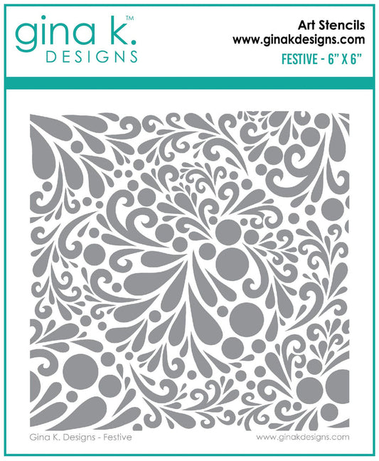Gina K. Designs - Stencil - Festive. Gina K. Designs Art Screens can be used with ink, sprays, pastes, and gels to create beautiful backgrounds and images. Layer stencils together for more options. Wash with soap and warm water. Pat dry. Size 5.875 X 5.875. Made in USA. Available at Embellish Away located in Bowmanville Ontario Canada.