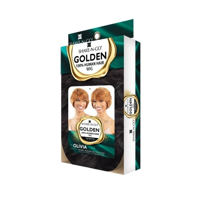 SHAKE N GO Golden Olivia short blonde bob 100% human hair wig packaging showing model photo