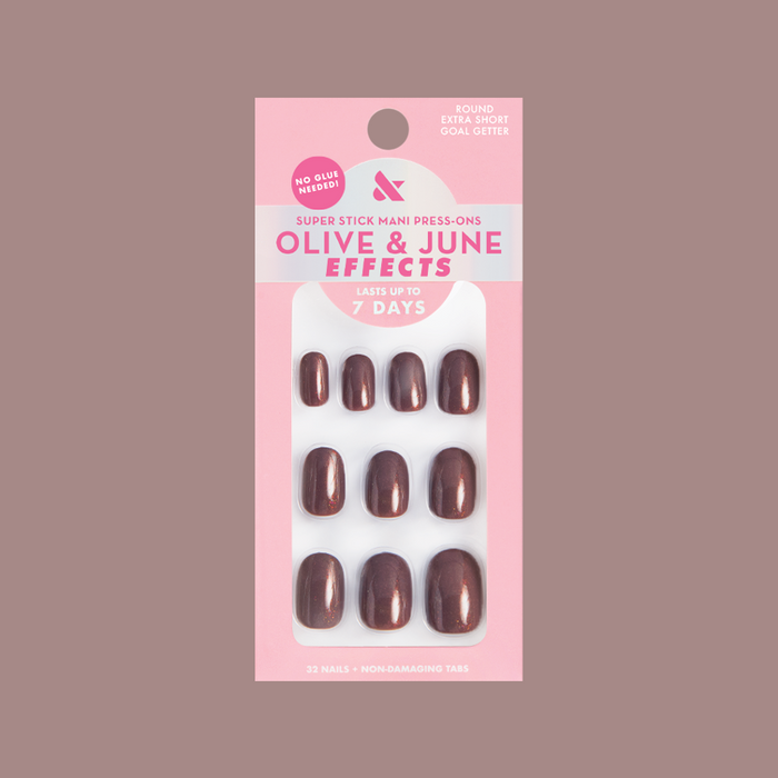 Pack of Goal Getter - Tab Press-On | Extra Short | Round nails in chocolatey neutral with subtle golden shimmer by Olive and June