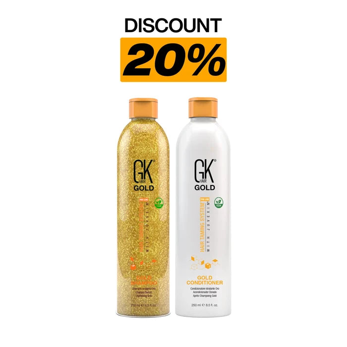 GK Hair Gold Shampoo and Gold Conditioner 250 ml vegan bottles under a “Discount 20%” banner on white