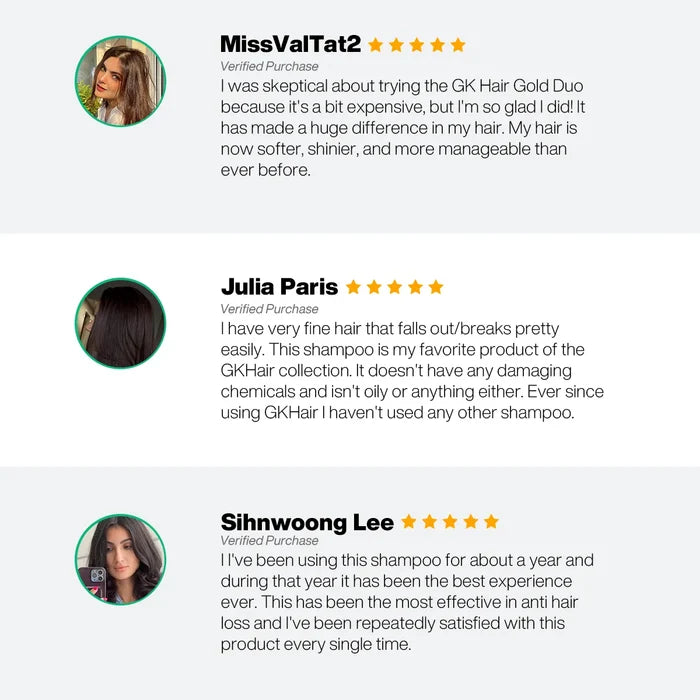 Three 5-star verified reviews of GK Hair Gold Shampoo and Conditioner: softer, shinier, manageable hair, no harsh chemicals, less hair loss