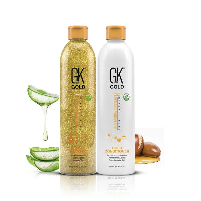 GK Hair Gold Shampoo and Conditioner 250 ml duo, gold glitter shampoo beside the white conditioner, both with orange caps