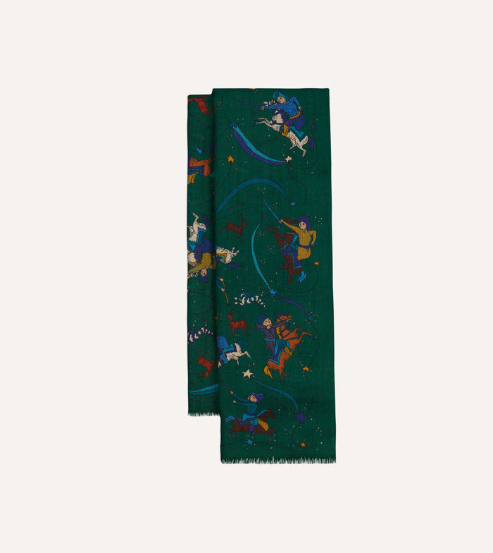 Green Mughal and Stars Print Wool Scarf