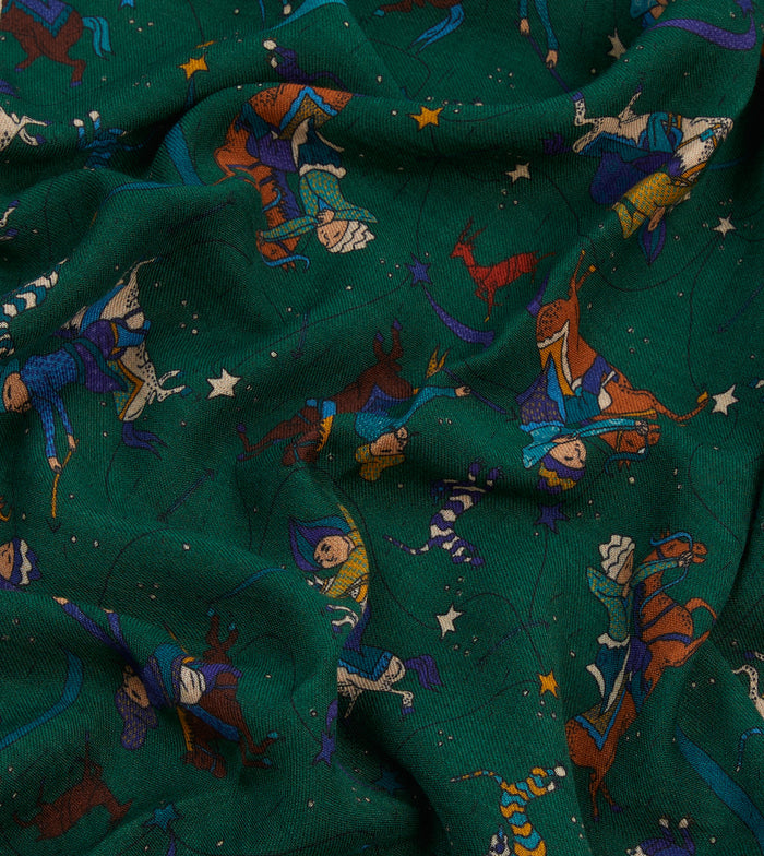Green Mughal and Stars Print Wool Scarf