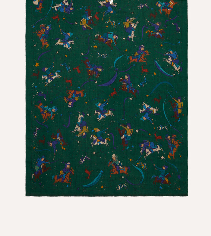 Green Mughal and Stars Print Wool Scarf