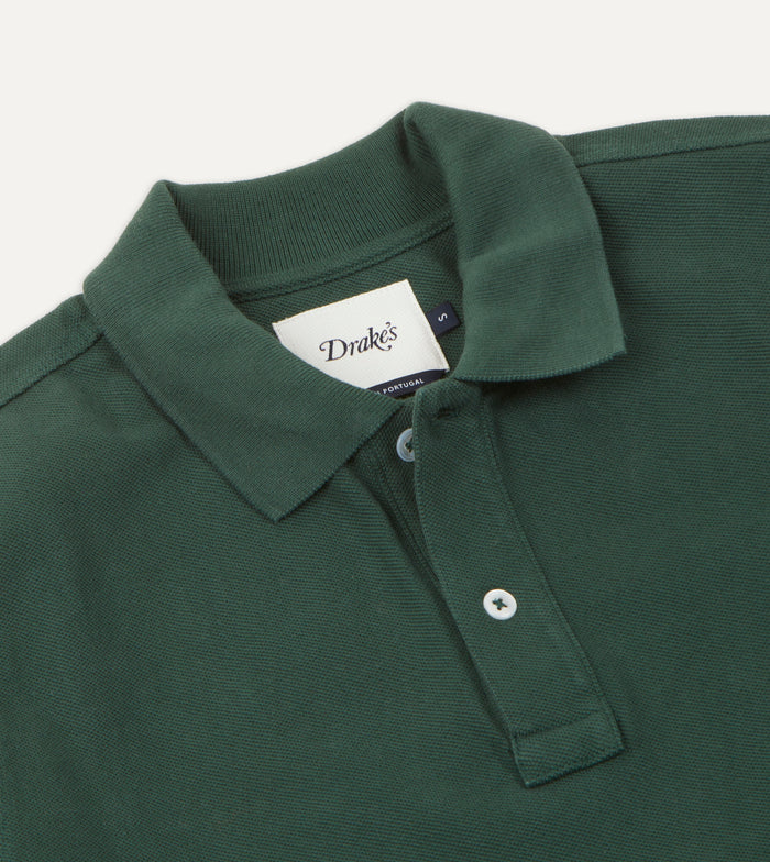 Green Pique Cotton Long-Sleeve Polo Shirt