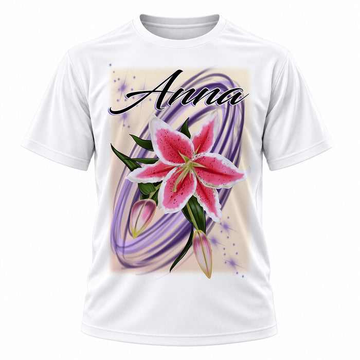 Personalized Flower T-Shirt, front-view T-shirt mockup featuring custom Air-Volution artwork by Mythic Airbrush