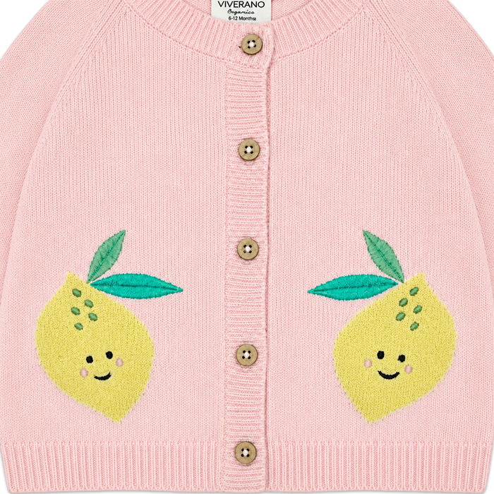 close up of Happy Lemons Embroidered Knit Baby Cardigan made with organic cotton