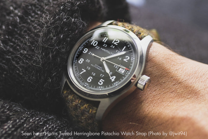 vario harris tweed herringbone watch band on hamilton khaki watch