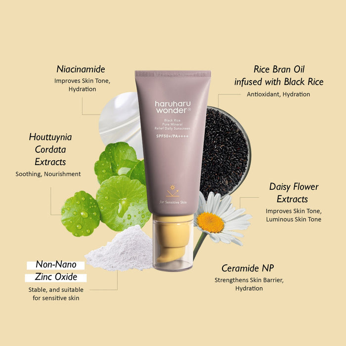 Haruharu WONDER Black Rice Pure Mineral Relief Daily Sunscreen 50ml هارهارو وندر واقي الشمس اليومي بخلاصة الأرز الأسود والمعادن النقية - Princess Cosmetics Qatar