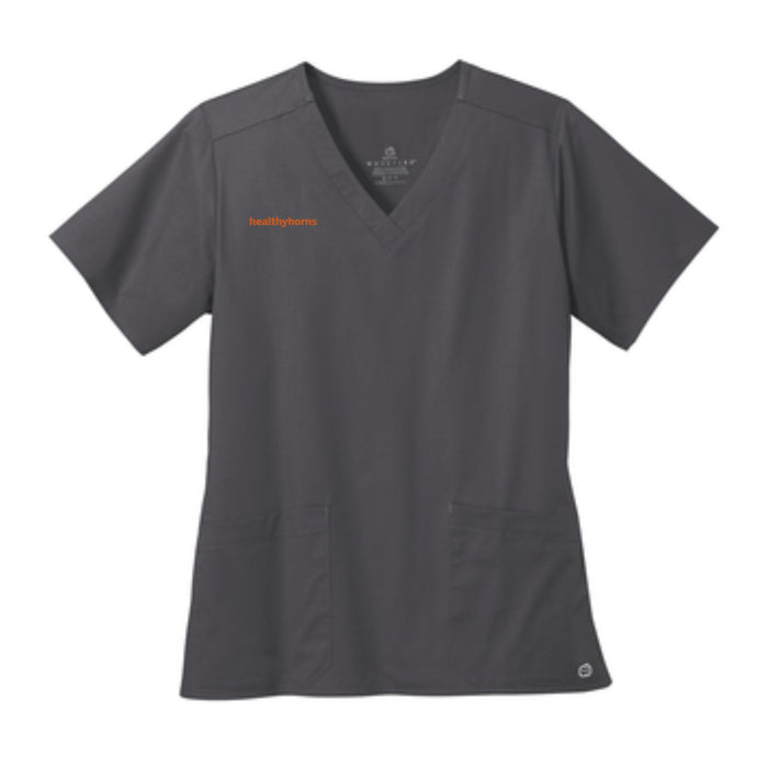 Healthy Horns Wink Ladies Pewter Scrub Top w/ Burnt Orange Embroidery