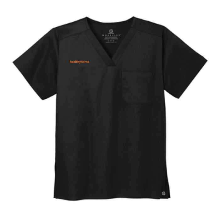 Healthy Horns Wink Unisex Black Scrub Top w/ Burnt Orange Embroidery
