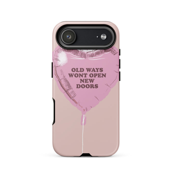 Phone case with pink abstract design and text on a white background
