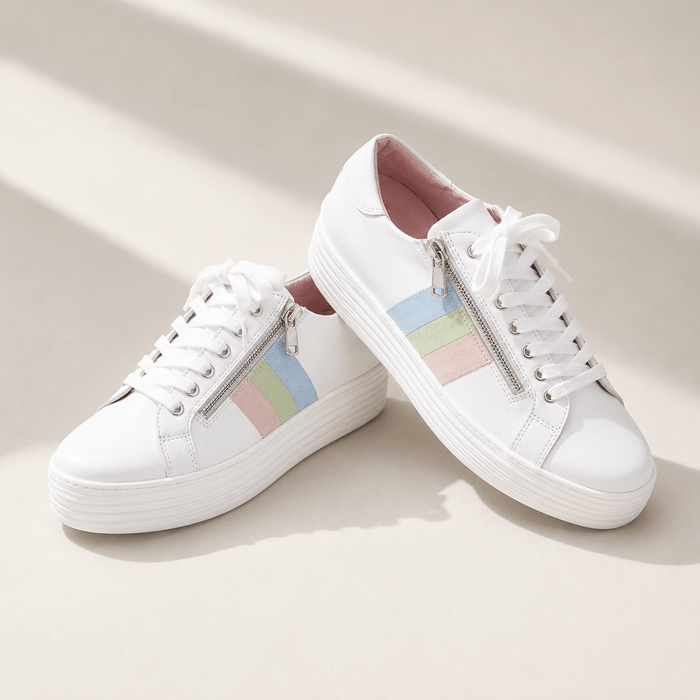 Hero-Stripe: White Leather & Multi Pastel Shoes Sole Bliss