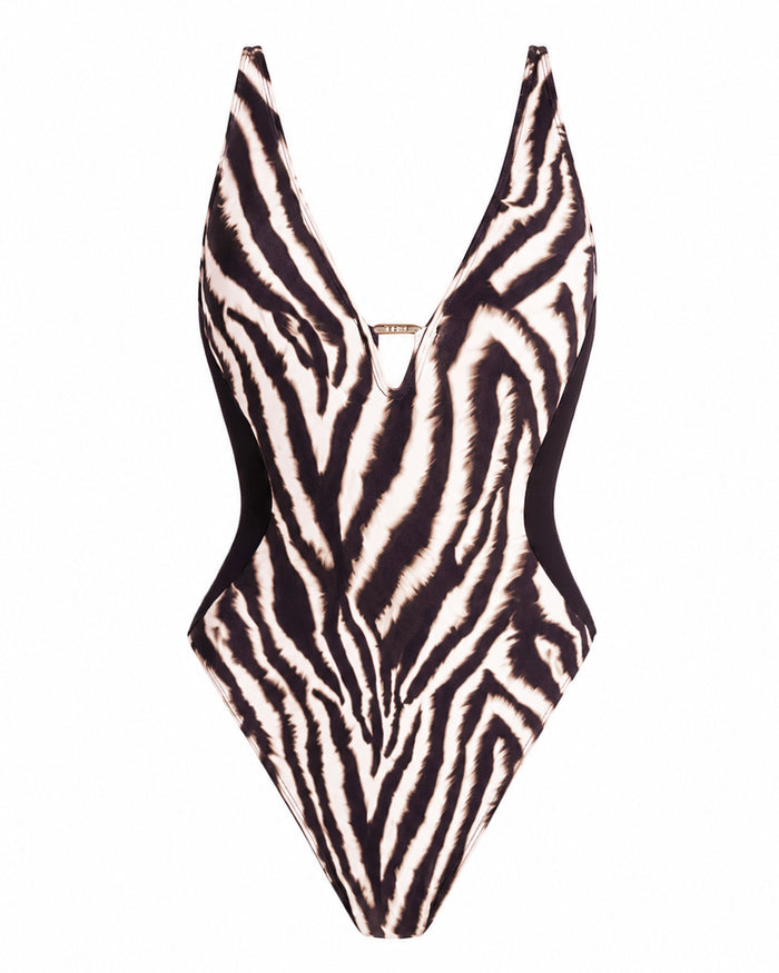 Outline image of Hi Cut Plungey Triangle - Contour Ivory Zebra/Black