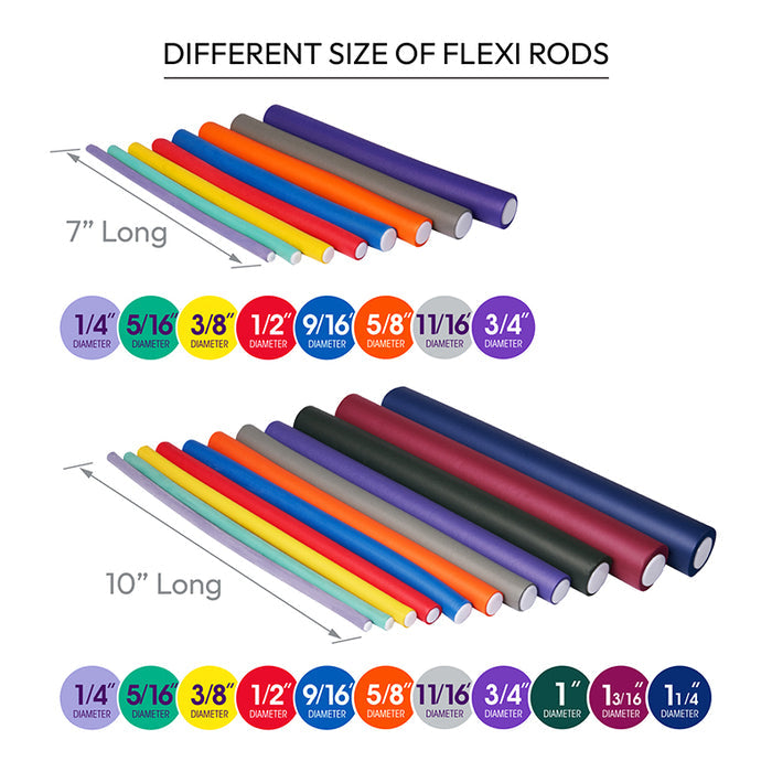 RED BEAUTY by KISS purple flexi rods for hair curling set showing multiple diameters and 7 and 10 inch lengths