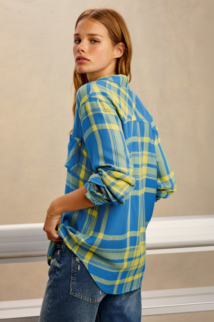 Hunter Plaid Button-Up Shirt in Signature Soft Rayon With Cashmere-Like Feel, Collar, Chest Patch Pocket, and Long Sleeves in Blitz Blue Colorway - Upper Body Back View Featured on Model
