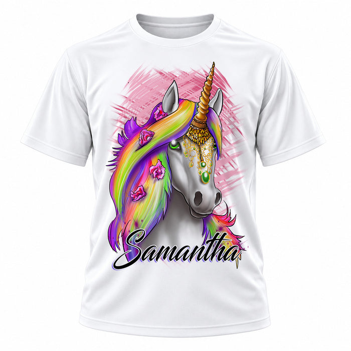 Personalized Rainbow Unicorn T-Shirt, front-view T-shirt mockup featuring custom Air-Volution artwork by Mythic Airbrush