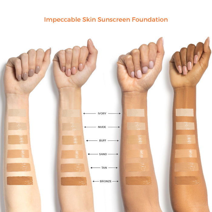 A shade range guide of Suntegrity Impeccable Skin Medium Coverage CC Cream foundation with SPF 30 including swatches of 'Ivory', 'Nude', 'Buff', 'Sand', 'Tan', and 'Bronze' on various skin tones