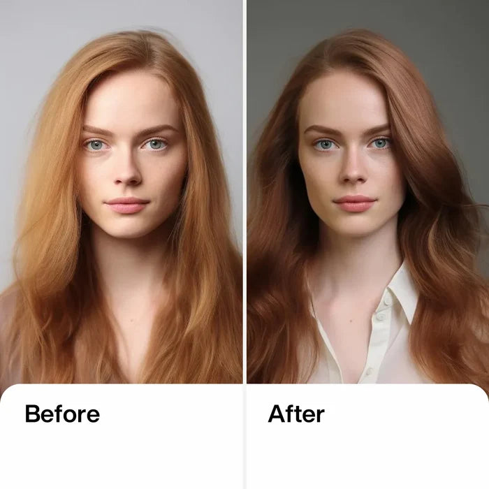 Before and after with the GK Hair Intense Moisture Pack: dry frizzy copper hair on the left, glossy auburn waves on the right