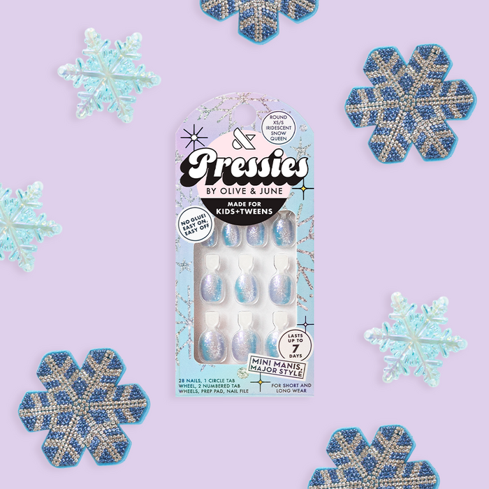 Iridescent Snow Queen - Pressies | Extra Short Short | Round shimmering multi-colored press-on nails in kid-friendly packaging on purple background