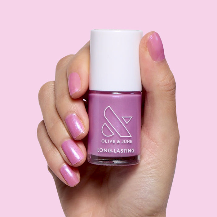 Island Time shimmering lilac gel polish on natural nails for a smooth, long-lasting at-home manicure by Olive and June