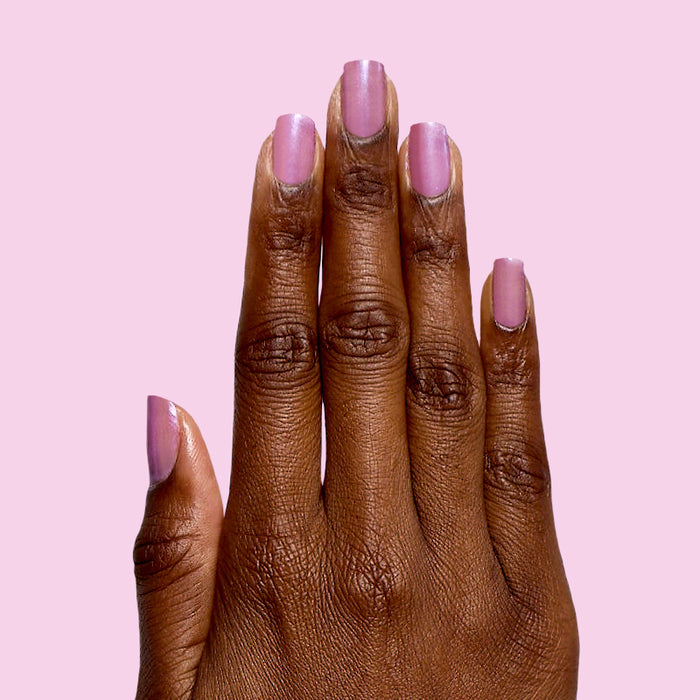 Island Time sheer lilac gel polish on natural nails for a smooth, long-lasting at-home manicure by Olive and June