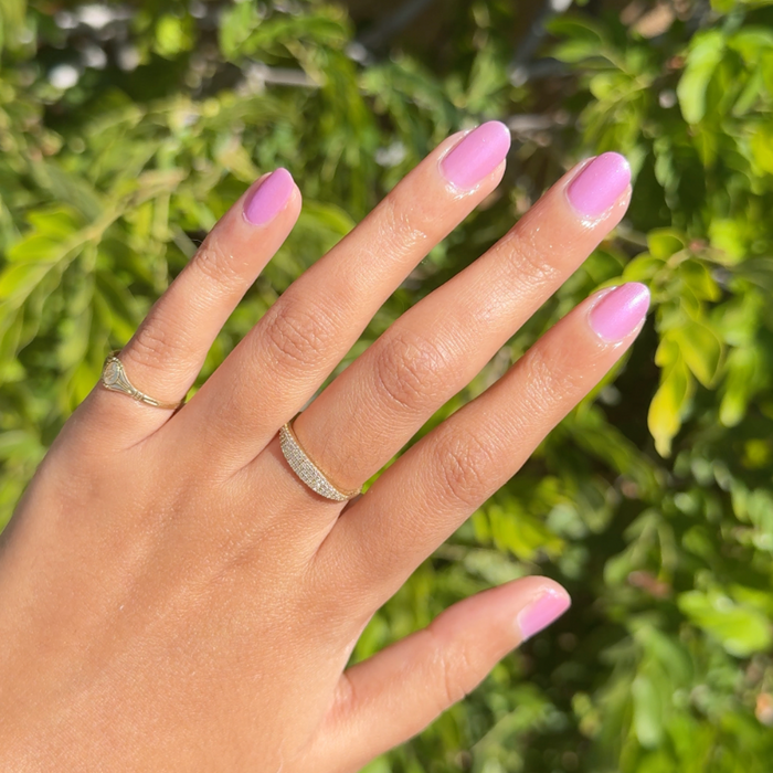 Island Time sheer lilac gel polish on natural nails with a shiny finish for a smooth, long-lasting at-home manicure by Olive and June