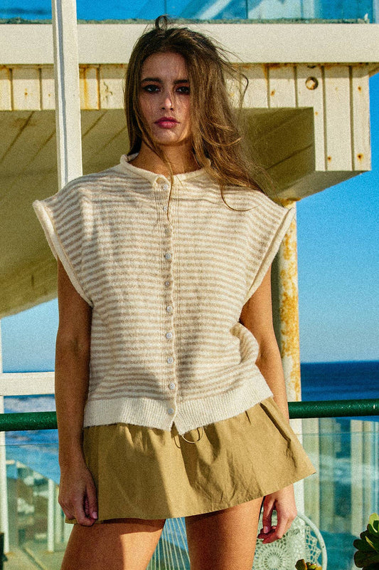 IT2970 Button Front Soft Knit Stripe Cardigan: OATMEAL / S-M-L (2-2-2)