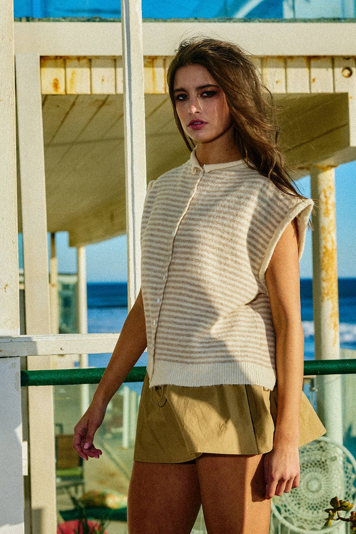 IT2970 Button Front Soft Knit Stripe Cardigan: OATMEAL / S-M-L (2-2-2)