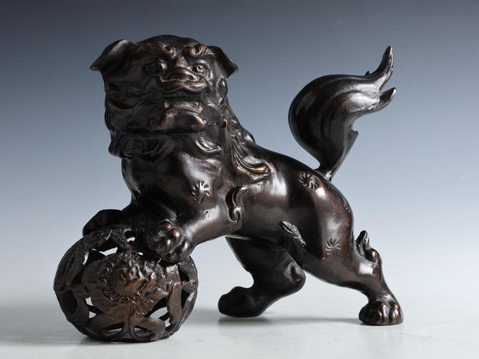 Japanese Bronze Komainu Statue - Showa Era Guardian Lion Figure