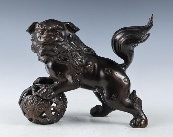Japanese Bronze Komainu Statue - Showa Era Guardian Lion Figure