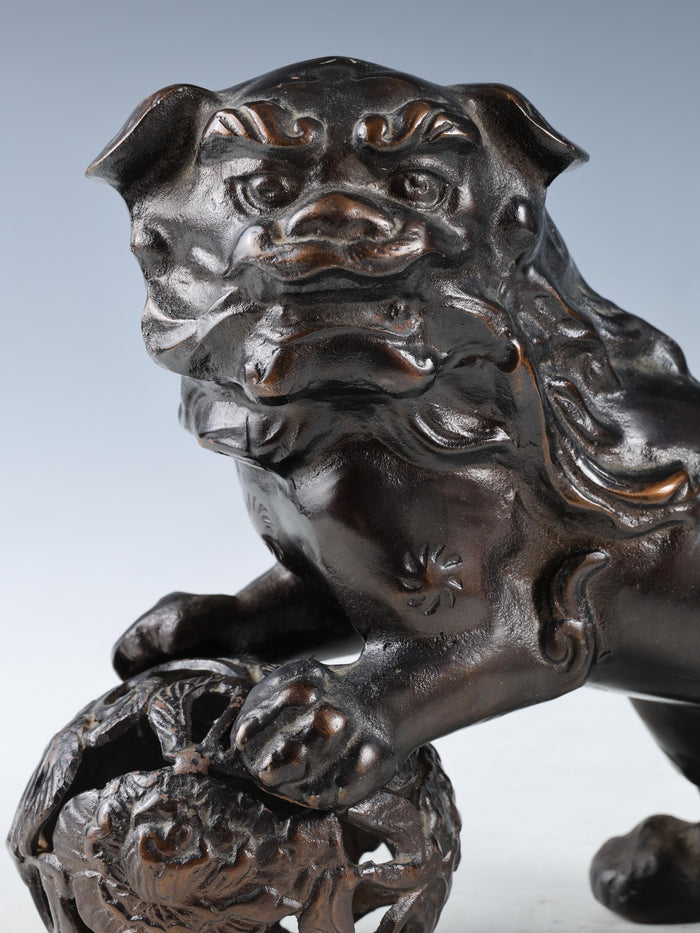 Japanese Bronze Komainu Statue - Showa Era Guardian Lion Figure