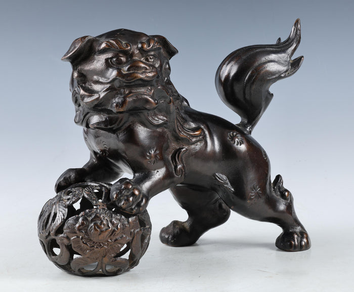 Japanese Bronze Komainu Statue - Showa Era Guardian Lion Figure
