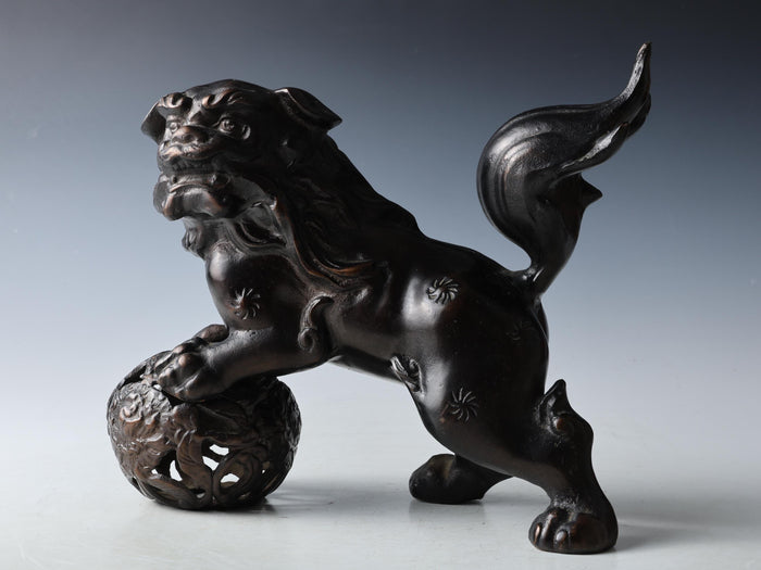 Japanese Bronze Komainu Statue - Showa Era Guardian Lion Figure