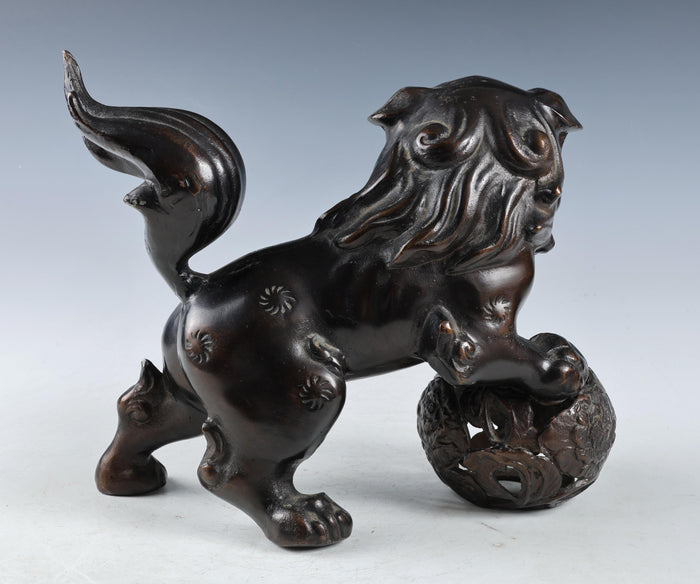Japanese Bronze Komainu Statue - Showa Era Guardian Lion Figure
