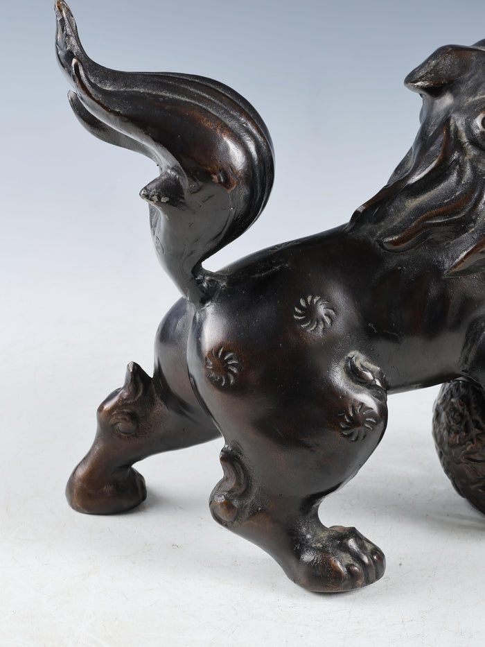 Japanese Bronze Komainu Statue - Showa Era Guardian Lion Figure